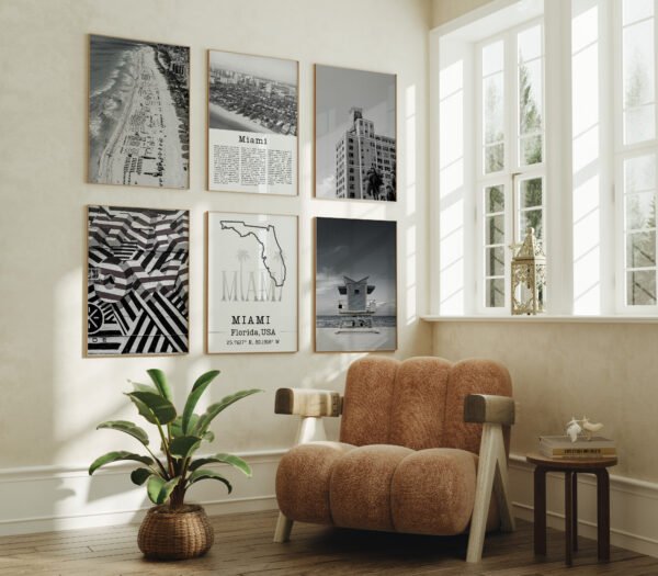 Miami Black and White Prints Set of 6, South Beach, Wynwood, Art Deco, Digital Download Wall Art, Instant City Decor